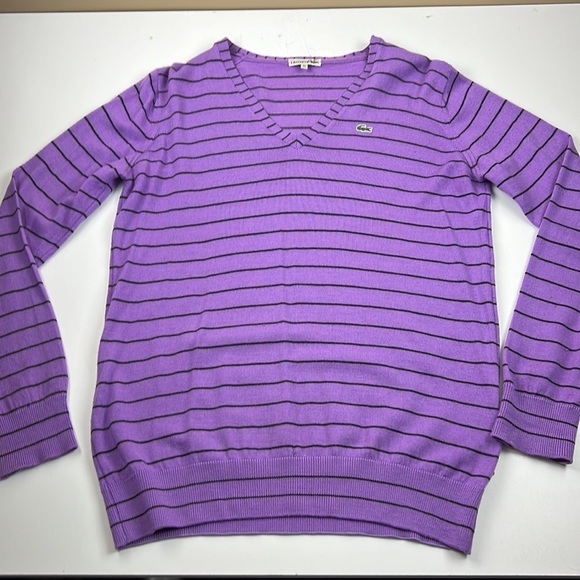 Men's Lacoste purple wool striped v-neck sweater - Picture 5 of 11